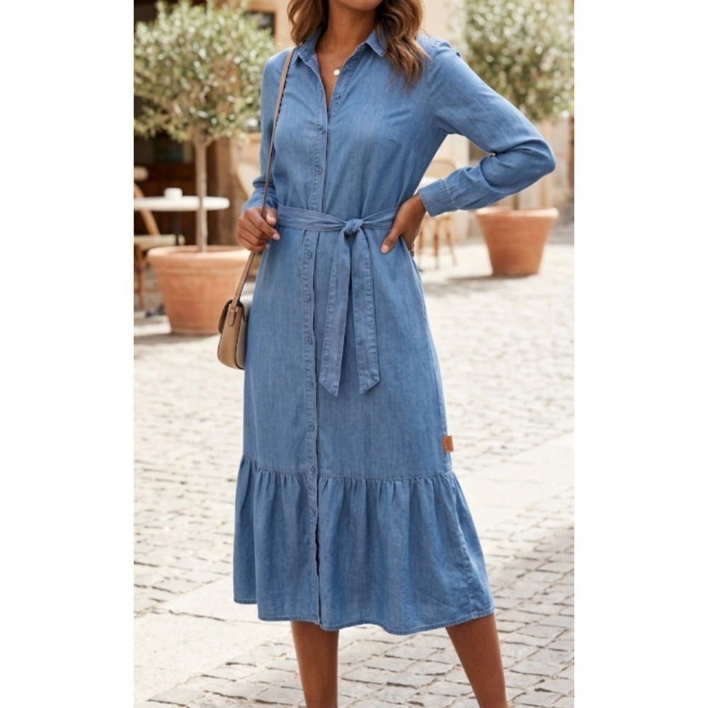 Hope and Harlow Buttoned Tie-Waist Long Sleeve Dress, Denim Blue, 10 NWT